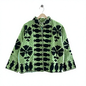Green Mandarin Collar Blazer Full Sleeve Floral Embroidery Quilted <b>Velvet</b> <b>Women</b> Autumn Wear Hippie Style Finished Woven - Product Image 1