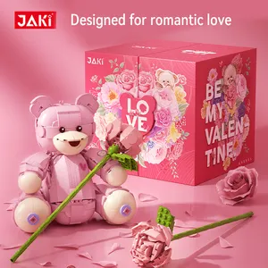 JAKI DIY mainan bata bongkar pasang untuk anak-anak, set mainan blok bangun kartun beruang merah muda kecil Hari Valentine Wanita