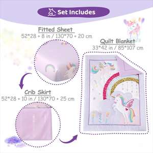 Ensemble de literie pour lit de bébé licorne 3 pièces Ensemble de lit de bébé pour filles Ensemble de literie pour chambre d'enfant Violet Comprend une couette, une jupe de lit et une drap - Product Image 6