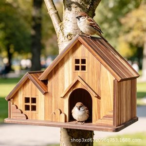 Cross-border wooden outdoor <b>hanging</b> birdhouse, solid wood bird nest, villa-style <b>garden</b> <b>hanging</b> bird feeder, wooden birdhouse - Product Image 1