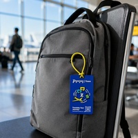 Étiquette de bagage en PVC bleu roi personnalisée, étiquette d'identification de bagage souple en caoutchouc, design d'icône de valise d'avion avec cordon jaune