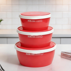 Round Food <b>Container</b> Set 3Pcs Red Plastic Airtight With Clip On Lid <b>For</b> <b>Kitchen</b> <b>Storage</b> - Product Image 1