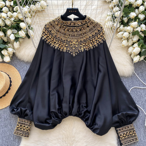 Blouse Woman High-End Style Heavy Industry Nailed Bead <strong>Glitter</strong> Loose Slimming Satin <strong>Top</strong> Woman Blouses for <strong>Lady</strong> - Product Image 4