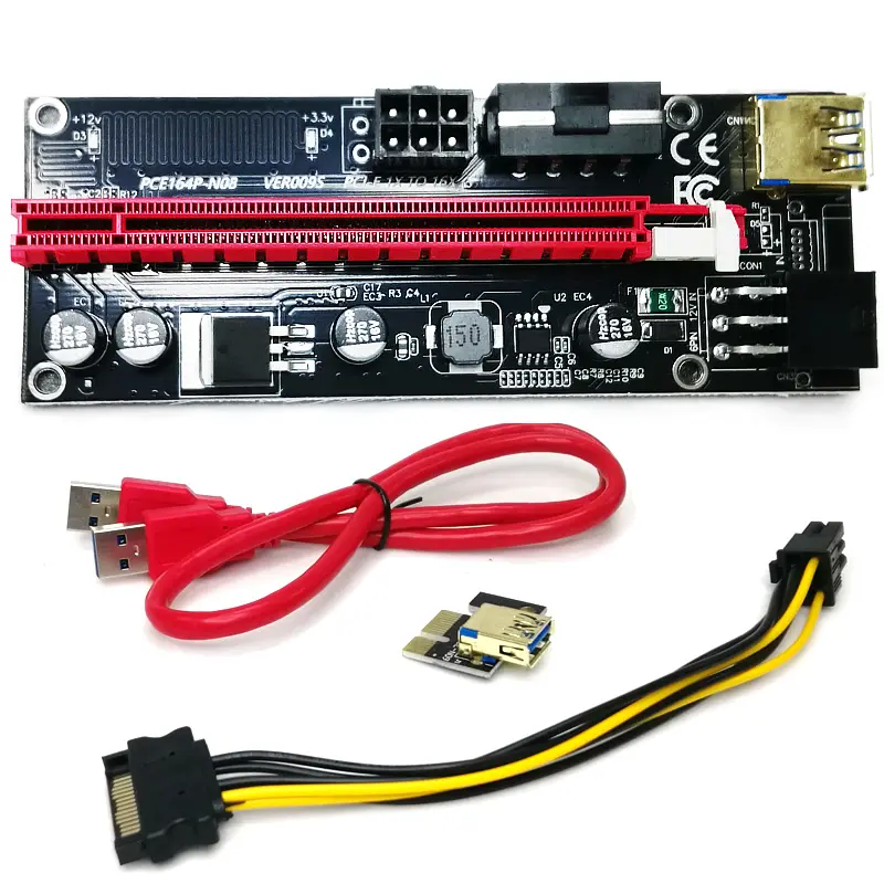 009S Riser с Molex двойной 6 контактов 3 СИД осветителя Pcie riser адаптер позолоченный USB 3,0 1X для 16X 6 PIN PCIE Riser Card