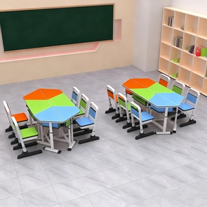 Meubles de classe scolaire modernes et écologiques de bonne qualité GUANGWEI, <span class=keywords><strong>table</strong></span> et chaise de groupe trapézoïdale, hauteur réglable pour les élèves - Product Image 2