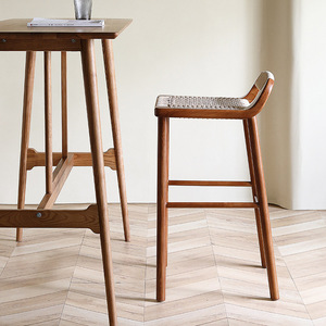 Modern Solid Wood High <strong>Bar</strong> Stool Dining Kitchen Counter Vintage Woven <strong>Height</strong> Lounge Chair Nordic Luxury <strong>Breakfast</strong> Commercial Use - Product Image 6
