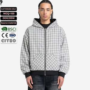 Custom Cotton Reversible <b>Hoodie</b> Boxy Slightly <b>Cropped</b> Fit <b>Zip</b> <b>up</b> Plaid <b>Hoodie</b> - Product Image 1