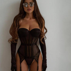 Satijnen mesh corset bodysuit strapless met beugels en jarretels, teddy lingerie - Product Image 1
