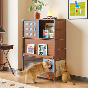 Mobilier multifonctionnel pour chat : meuble de rangement à 3 niveaux avec lit, toilettes et espace de vie pour chats de taille moyenne, idéal pour bureau, chambre et salon. - Product Image 3