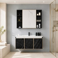 Ensemble de meubles de salle de bain en marbre, armoire flottante en aluminium nid d'abeille avec lavabo, vasque en céramique, étagère ouverte à trois couleurs