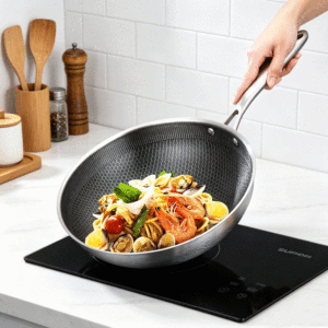 <span class=keywords><strong>Wok</strong></span> FLEY de Acero Inoxidable con Revestimiento Antiadherente Tipo Panal de Abeja, Sartén para Freír sin Recubrimiento, con Tapa de Vidrio, <span class=keywords><strong>Wok</strong></span> de Cocina de Acero Inoxidable para el Hogar - Product Image 2