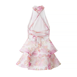 Màu Be màu hoa in lại Rỗng ra ruffles lớp thời trang giản dị mùa hè Mini Dress đối với phụ nữ - Product Image 2