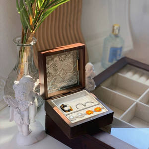 Oak Wood Walnut Color Rings Storage Organizer <b>Box</b> with Real <b>Glass</b> Pattern On Window Ready to Ship In Stock - Product Image 4