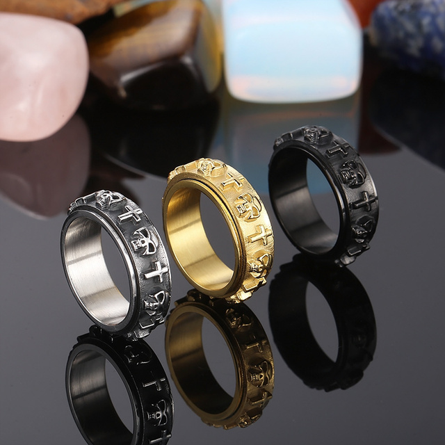 8MM Stainless Steel Rotating Ring Gold Plated Casting Skull Cross Jewelry Spinning Anxiety Rings Cheap Rings for Men and Women