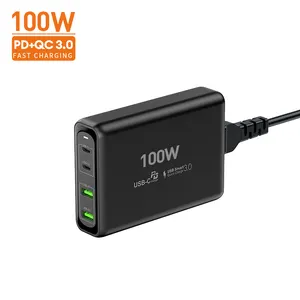 Pengisi Daya Ponsel 4 Port 100W, Stasiun Pengisi Daya Ponsel USB-C PD QC3.0 Laptop Tablet