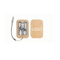 Set Kabel Pengisi Daya Multi Eco Bamboo dengan Logo Kustom, Kit Kabel Charger Portabel untuk Perjalanan, Tipe C 8Pin Micro USB, Kotak Penyimpanan