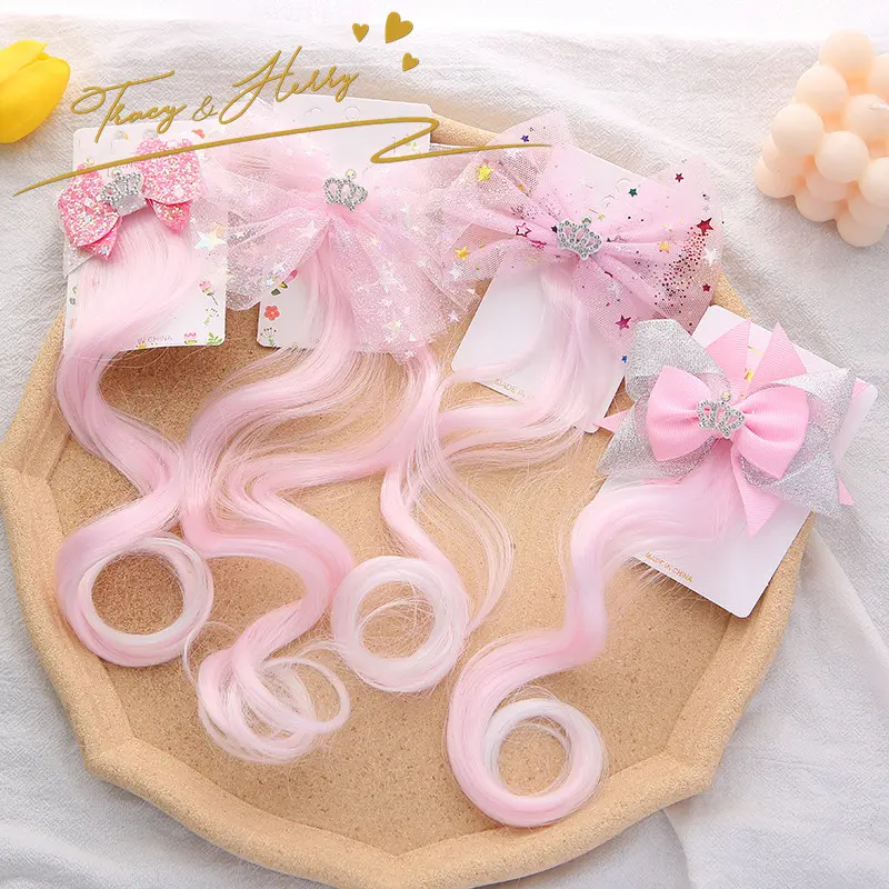 Tracy & Herry New Pink Serie Kinder Haarschmuck Prinzessin Curly Perücke Zopf Clips Sweet Bow Haarnadel Großhandel