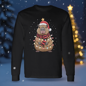 Maglietta a maniche lunghe con cappello di Babbo Natale e luci natalizie a forma di capibara - Product Image 3