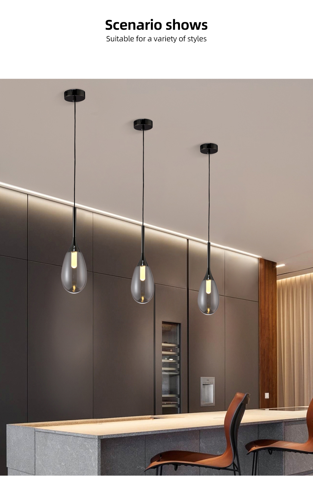 Nordic Crystal Chandelier 1-Light Bedroom Modern Linear Glass Pendant Light Dinning LED Pendant Lighting for Kitchen