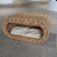 Lit pour chat en rotin, niche tressée pour animaux de compagnie avec coussin moelleux, maison pour chat d'intérieur pour petits chiens et chats, meuble pour animaux de compagnie lavable pour chambre à coucher, balcon