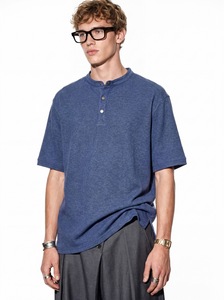 2026 Summer New Men Henley Tee <b>Waffle</b> Cotton Fabric Vintage Relaxed Fit Oversized Short Sleeve T-<b>shirt</b> Minimalist Old Money - Product Image 3