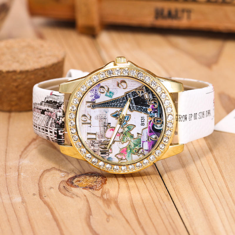Frauen Uhr Eiffelturm Leder Band Analog Weibliche Quarz Uhren
