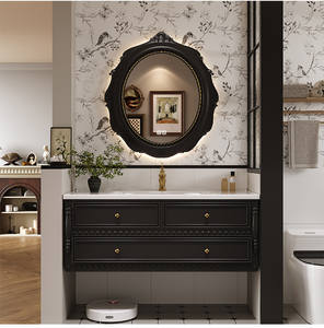 . Meuble de salle de bain noir de luxe léger, miroir ovale sculpté à motifs floraux, plan de toilette en pierre, lavabo, lavabo étanche - Product Image 3