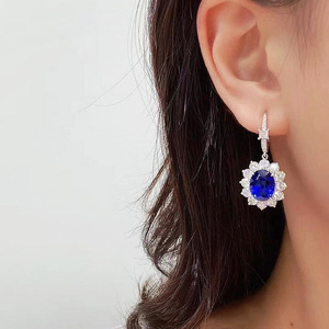 Orecchini pendenti a forma di fiore color zaffiro blu per donna, gioielli vintage alla moda - Product Image 2