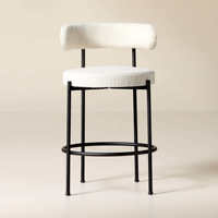 Tabouret de bar moderne en bouclette avec structure en métal noir, siège rond rembourré avec dossier, hauteur de comptoir, pour cuisine, îlot, hôtel, restaurant