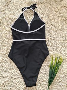 Traje de baño de una pieza con cuello halter para mujer, color blanco y negro, estilo vintage, traje de baño de color sólido, trajes de baño de una pieza vintage - Product Image 5