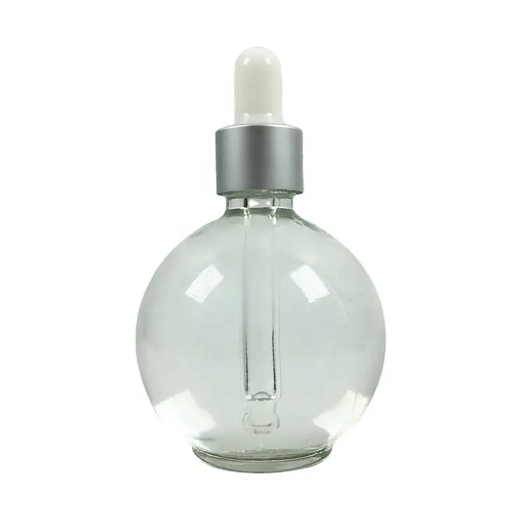 Bouteille cosmétique vide de grande taille en forme de boule en verre transparent 70ml 75ml bouteille d'huile essentielle avec bouchon compte-gouttes argenté dessus en caoutchouc blanc