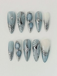 <span class=keywords><strong>Uñas</strong></span> Postizas 3D con Diseño Floral y Ojo <span class=keywords><strong>de</strong></span> Gato, Estilo Verano 2026, Conchas Azules del Océano, <span class=keywords><strong>Uñas</strong></span> Acrílicas Largas Tipo Stiletto, Cobertura Completa - Product Image 3