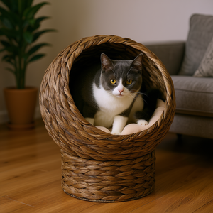 Cama redonda elevada para gatos, color marrón oscuro, con cojín, para interiores, de 20 pulgadas, hecha de material natural trenzado. - Product Image 2