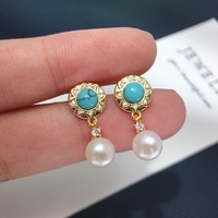 Nouvelles boucles d'oreilles pendantes en or plaqué or style palais chinois classique, turquoise, perles de culture d'eau douce blanches naturelles de 7-8 mm, mignonnes pour mariage