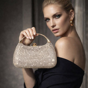 Pochette élégante demi-lune perlée, sac de soirée scintillant pour femme, sacs à main de mariée élégants en strass avec chaîne - Product Image 4