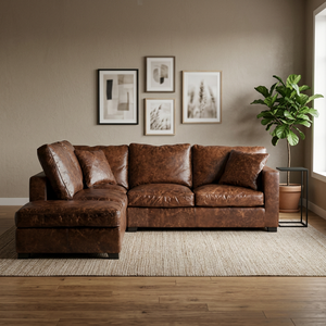 Industrial & Vintage Solid Wood & Genuine Leather Three-Seater Reclining Corner <b>Sofa</b> for Home Apartment and Villa <b>Living</b> <b>Room</b> - Product Image 3