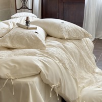 Parure de lit 4 pièces en dentelle brodée élégante, en coton longues fibres 100S, satin de luxe, housse de couette, drap plat, linge de lit pour la maison