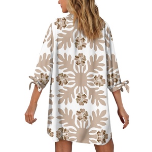 Camicie da spiaggia con bottoni floreali personalizzate a forma di foglie tropicali con stampa hawaiana per donne bianche Cardigan <span class=keywords><strong>Kimono</strong></span> lungo per costumi da bagno taglie forti - Product Image 3