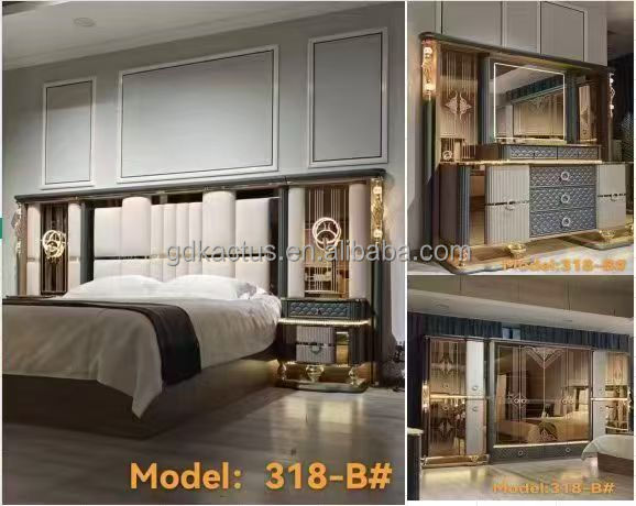 Turkish Style Luxury Super king Size Mirror Headboard Elegant Bedroom Furniture Set Classic Luxury Wooden Home Bedroom Furniture