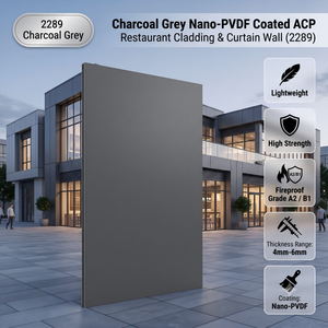 แผ่นอลูมิเนียมคอมโพสิตเคลือบนาโน-PVDF สีเทาชาร์โคล หนา 4-6 มม. น้ำหนักเบา แข็งแรงสูง ทนไฟระดับ A2/B1 สำหรับงานตกแต่งภายนอกอาคาร - Product Image 1