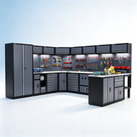 Station de travail de garage en L personnalisable à 10 modules avec îlot central autoportant, panneau perforé et outils professionnels