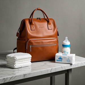 おむつバックパック断熱ジッパーポケット付きカスタムベビーアイテム整理バッグブラウンビーガンレザーミイラバッグメーカー - Product Image 1