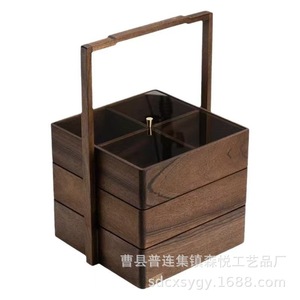 Caja de madera estilo chino para pastel de luna, de tres niveles, con asa, cuadrada, de nogal, hecha a mano, para regalo del Festival de Medio Otoño - Product Image 4