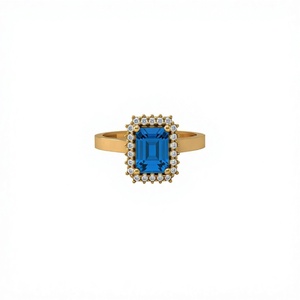 Bague de fiançailles et de mariage en or massif 10 carats fait main avec halo de topaze bleue et diamant de laboratoire pour femme et occasions spéciales - Product Image 1