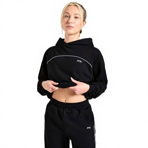Women's <b>Black</b> Cropped Hoodie Solid Color Full Sleeve Casual Streetwear <b>Sweatshirt</b> with Logo Print Front Autumn Wear - Product Image 1