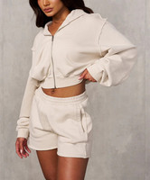 Ensemble de loisirs personnalisé avec logo, 100% coton, surdimensionné pour femmes, ensemble de survêtement 2 pièces, haut court, sweat à capuche zippé et short pour femmes