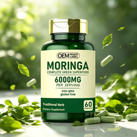 Kapsul Ekstrak Daun Moringa Oleifera Vegan Bersertifikat GMP Label Pribadi 60 Kapsul Dewasa Bebas Gluten Pengatur Energi Imunitas