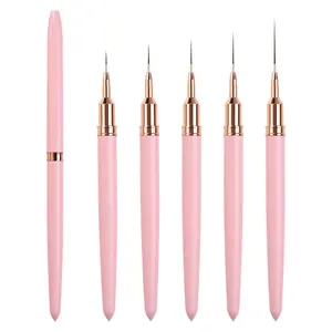 Fijne Lange 25/15/11Mm Roze Handvat Nagelvoering Borstel Set Custom Logo Uv Gel Schilderij Tekening Pen Borstel