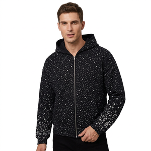 Sudadera con capucha unisex negra con cremallera y diseño de pedrería plateada en toda la prenda, estilo streetwear de tela gruesa. - Product Image 1