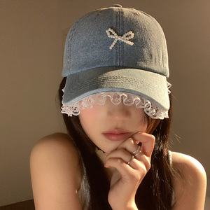 Lace Trimmed Denim Baseball <b>Cap</b> For <b>Women</b> Light Blue Pearl Bow Shade Hat Cotton Fabric Female Fashion <b>Cap</b> - Product Image 3